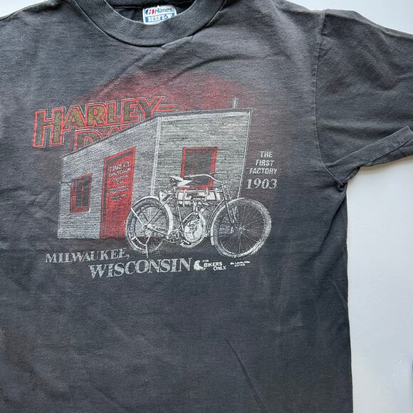 Vintage 80s Harley Davidson Motorcycles First Factory T Shirt Bikers Only Hanes - Picture 6 of 12